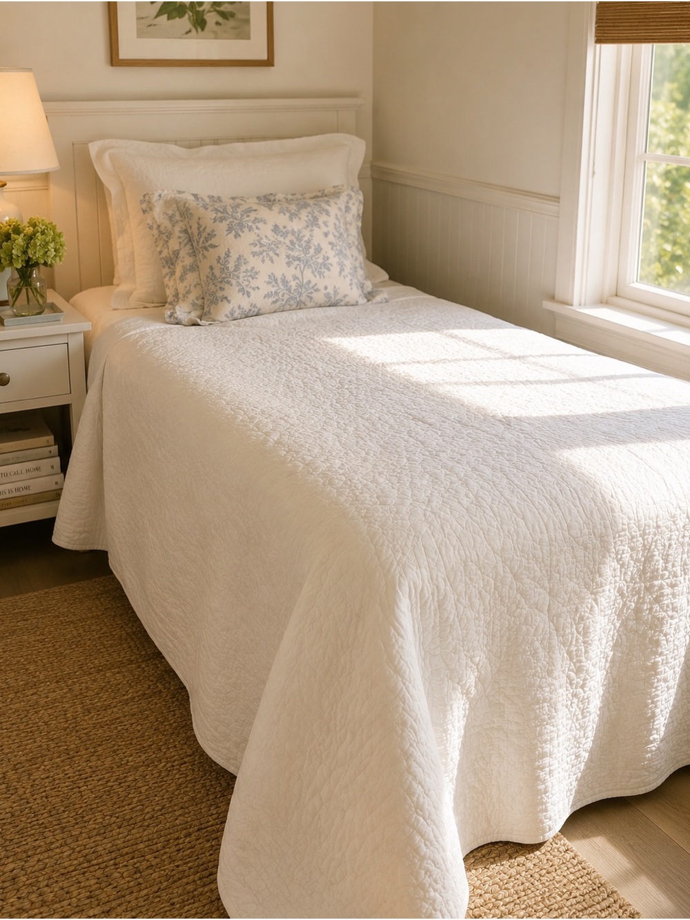 Shabby Chic White Quilted Bedspread with Blue Floral Pillow